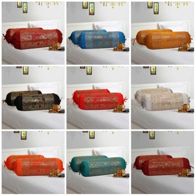Indian Decor Bolster Cover Cylinder Brocade Round Pair Neck Roll Yoga Pillowcase - Image 1 of 2