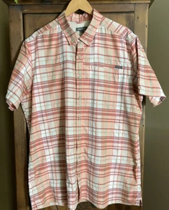 Eddie Bauer Mens TXL Poly/Nylon Button Up Camp Shirt Salmon Plaid Short Sleeve - Picture 1 of 7