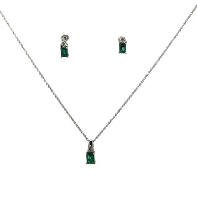Argento Sterling Creato IN Laboratorio Smeraldo e Diamante Set Collana Orecchini - Immagine 1 di 3