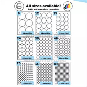 Round Self Adhesive circular A4 Laser or Inkjet printer labels. Circle Stickers - Picture 1 of 10