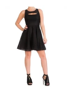 Guess Women’s Jet Black Eyelet Lined Mixed Media Mini Dress 100% Cotton Size 6 - Picture 1 of 14
