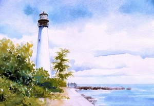 Cape Florida Leuchtturm & Steg, Key Biscayne, Florida. James Mann Kunst Notizkarten - Bild 1 von 2