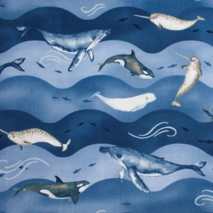 100% Cotton Studio E - Polar Plungers - Navy, Ocean, Sea, Whale, Narwhal, Seal - Picture 1 of 5