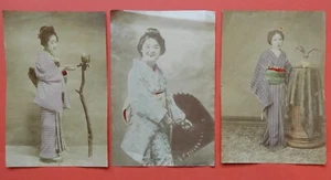 x3 photos anciennes Geisha Japon (19th) Colored pictures japanese women Kimono - Afbeelding 1 van 6