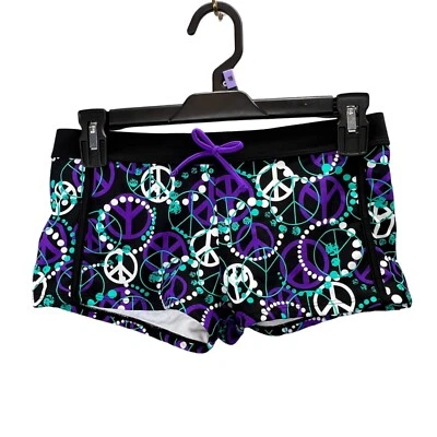 Xhilaration Swim Shorts Girls XL 14/16 Black Purple Teal Peace Signs Boy Short - Image 1 of 4