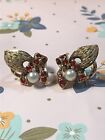 Vintage Earrings  ALICE CAVINESS 925 STERLING SILVER Clipon CZ Gold leaf