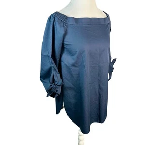 TIBI Navy Blue Off Shoulder Shirt Tie Sleeves Chic Top Beachy Designer Size 0 - Picture 1 of 8