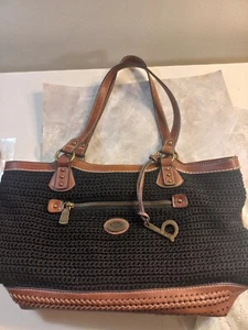 BOC Shoulder Handbag Black Crochet Brown Faux Leather Whipstitch Born Concept - Picture 1 of 21