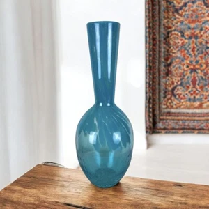 "Florero de vidrio artístico azul soplado a mano agrietado grande vintage de 16"" Virginia Occidental" - Imagen 1 de 7