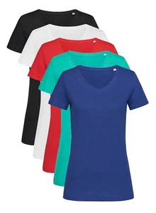 Stedman Ladies Womens Plain Slub Cotton Short Sleeve Vee V Neck Tee T-Shirt - Picture 1 of 6