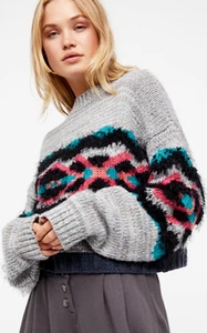 Free People Sz M I Heart You Wool Sweater Fuzzy Cropped Multicolored OB710276 - Picture 1 of 4