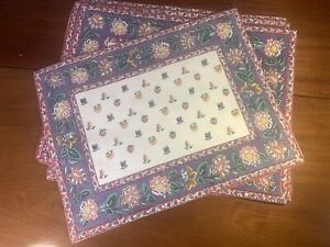 Indian Block Print Placemats Lavender Border w/ Floral Motif Set Of 6 (12 Avail)