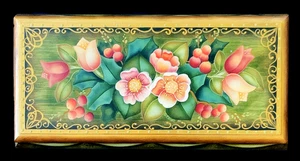 Beautiful Folk Art Hand Painted Tole Art Wood Glove Trinket Keepsake Box 12"x6" - Picture 1 of 19