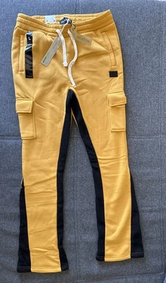 Reason Flare Stacked Fleece Sweatpants Size Large Yellow With Black Stripe - Image 1 of 4