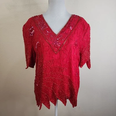 Vintage 100% Silk HORCHOW Red Beaded Short Sleeve Evening Blouse Shirt Size XL - Image 1 of 4