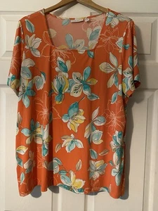 Susan Graver orange floral tropical blouse size 1X Square Neck Liquid knit - Picture 1 of 9
