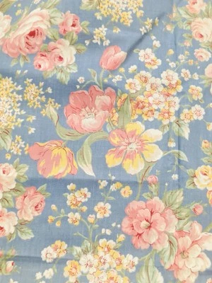 Pastel Pink Yellow Flowers on Medium Blue Joan Kessler Concord Fabrics 31"X44"W - Image 1 of 3