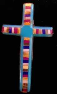 Vtg 925 Cross Pin Or Pendant Wth Inlaid Different Stone Pieces 1.5" Long - Picture 1 of 7