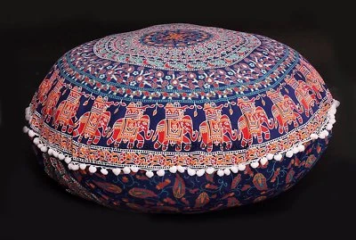  Pillow Cover Indian Handmade Mandala Round Cushion Case Ottoman Pouf Cover 2 PC - Image 1 of 4