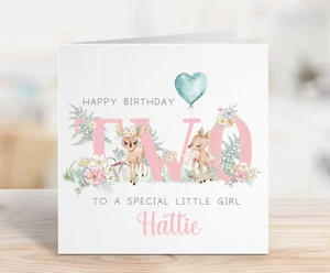 Personalised Girls 2nd Birthday Card Cute Baby Deer TWO Niece Daughter Pink - Picture 1 of 2