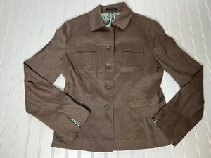 Elie Tahari Jacket Large L Brown Linen Blend Button Women Blazer Career Suit 474 - Picture 1 of 4