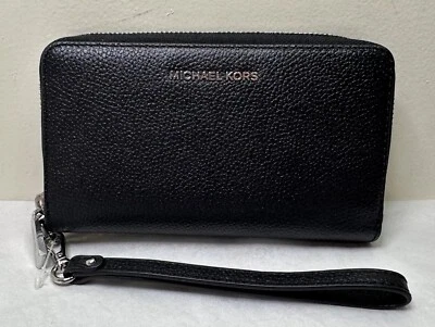 Michael Kors Jet Set Large Flat Black Silver Pebbled Leather Phone Case Wristlet - Image 1 of 4