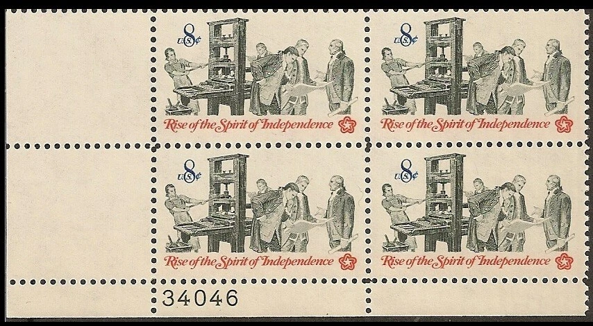 US 1476 Spirit of Independence Printer 8c plate block 4 LL 34046 MNH 1973 - Image 1 of 1