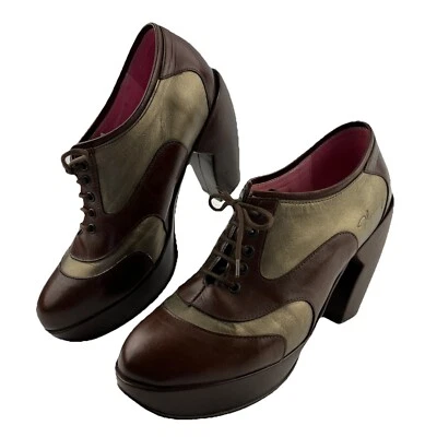 JOHN FLUEVOG Lip Service STARDUST PLATFORM Lace Up SHOES  Brown Gold Sz 7.5 / 8 - Image 1 of 4