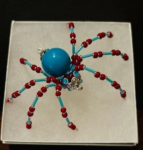 Beaded Spider Ornament CHRISTMAS Holiday Decor Sun Catcher RED & BLUE - Picture 1 of 2