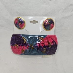 Vintage 1980s Set Enamel Barrette And Matching Earrings - Picture 1 of 3