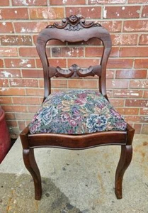 Vintage Mahogany Chair Carved Rose Back Jacobean Floral Upholstered Seat - Picture 1 of 13