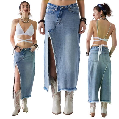 Maxi Skirt Long Denim Jeans Split Side Frayed Pockets 100% Cotton 7617 - Image 1 of 4