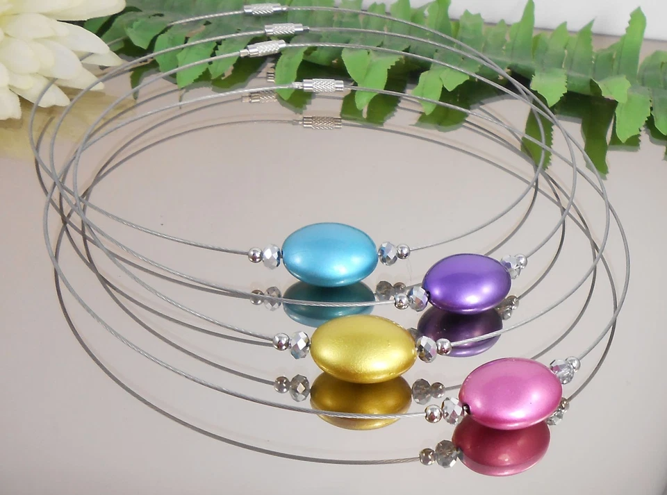 TOLLER Halsreif Edelstahl ovale Perle/  Farbwahl / Lila Rosa Türkis Goldgelb - Bild 1 von 1