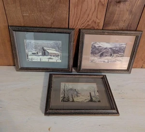 Juego de 3 pinturas acuarela originales vintage alfombrilla rústica con marco de granero de granja - Imagen 1 de 20