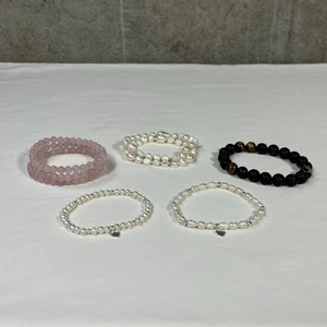 Stretch Bracelets Lot Of 5 Freshwater Pearl, Tigers Eye, Lava Rock, Rose Quartz - Picture 1 of 7