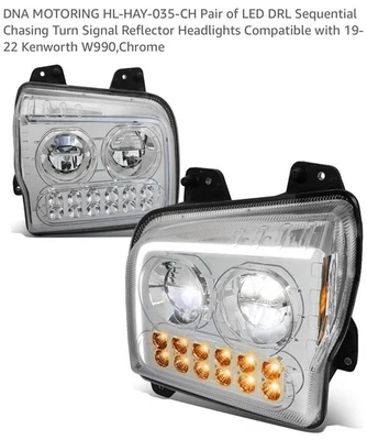Fit 19-22 Kenworth W990 Chrome Housing LED DRL Sequential Turn Signal Headlights - Image 1 of 4
