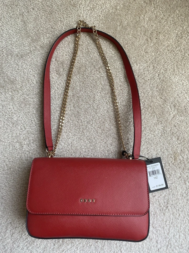 DKNY Sina Small Boxed Crossbody Shoulder Bag Red Leather Chain Strap R3331A68