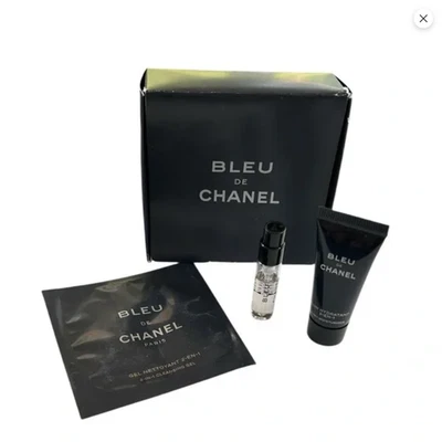 Chanel Bleu Juego de 3 piezas Perfume 1,5 ml Hidratante 5 ml y Gel Limpiador 6 ml Tamaño de Viaje Foto 1 de 3