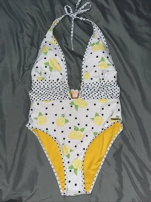 Juicy Couture Traje de Baño de Una Pieza Halter Profundo Cuello en V Blanco Amarillo Limones M Nuevo Foto 1 de 4