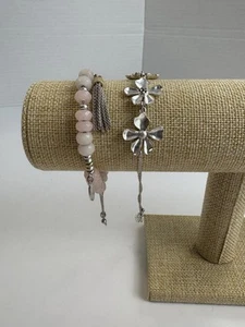 Lucky Brand Bracelets (2) Floral Pink Quartz Bead Flowers Slide Adjustable Boho - Picture 1 of 6