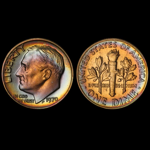 MS65 1970 10C Roosevelt Dime, PCGS Trueview- Vivid Rainbow Toned Cover