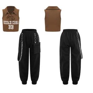 Kids Girls Outfit Trousers Set Turn-Down Crop Top Sleeveless Vest Metal Chain - Picture 1 of 38