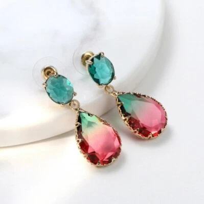 Sparking Teardrop Red Tourmaline Oval Quartz Yellow Gold Plated Stud Earrings  - Image 1 of 4