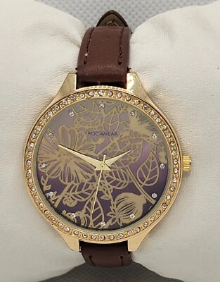 Relógio analógico feminino Rocawear elegante redondo tom dourado roxo mostrador dourado 1646 G9 - Imagem 1 de 4