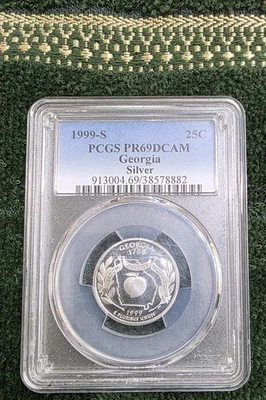 Georgia 1999-S Plata Prueba Estatal (50 Estados) Cuarto, Calificado PCGS PR69DCAM! Foto 1 de 2