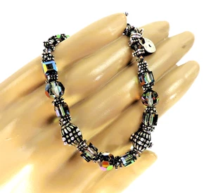 STERLINGSILBER balinesisches Aurora Borealis Kristall Perlen Gliederarmband Knebelverschluss - Bild 1 von 14