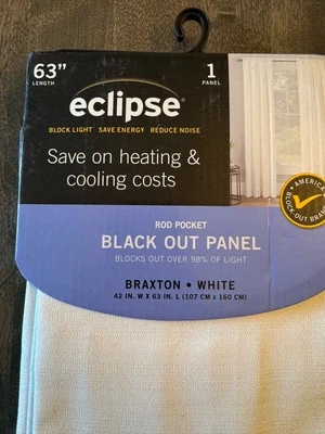 Eclipse Blackout Curtain Braxton White 63" x 42" Black Out Panel  New - Image 1 of 4