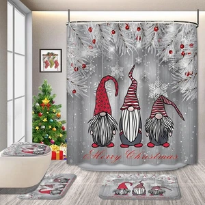 4 Pcs Christmas Gnome Shower Curtain Sets with Rugs, Silver Snow with on Rust... - Bild 1 von 6