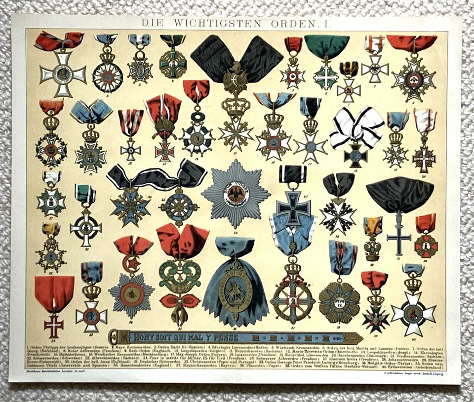 German antique chromolithograph of major world orders & decorations (sheet I) - Image 1 of 1