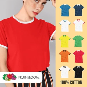 Womens Ringer T-Shirt Plain Blank Fruit Of the Loom Summer Style Crew Neck Retro - Picture 1 of 12